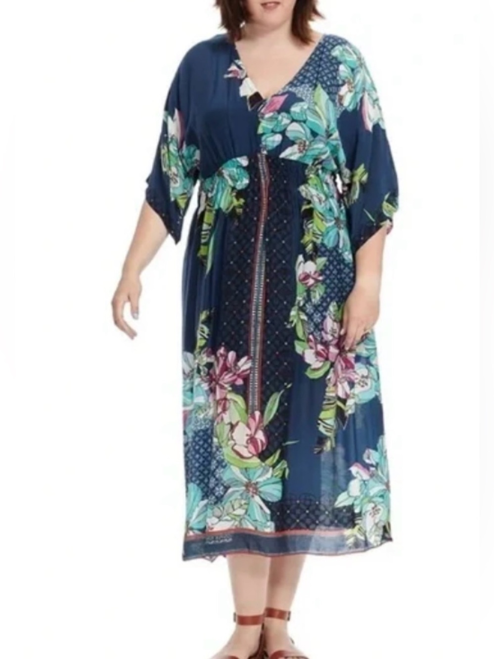 Johnny Was Cupra Rayon Long Dress Floral Garden Blue Buttons Sz 2X Lightweight